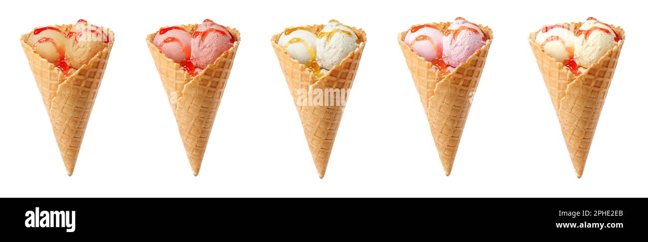 Conjunto con diferentes helados sabrosos en conos de oblea sobre fondo  blanco. Diseño de banner Fotografía de stock - Alamy