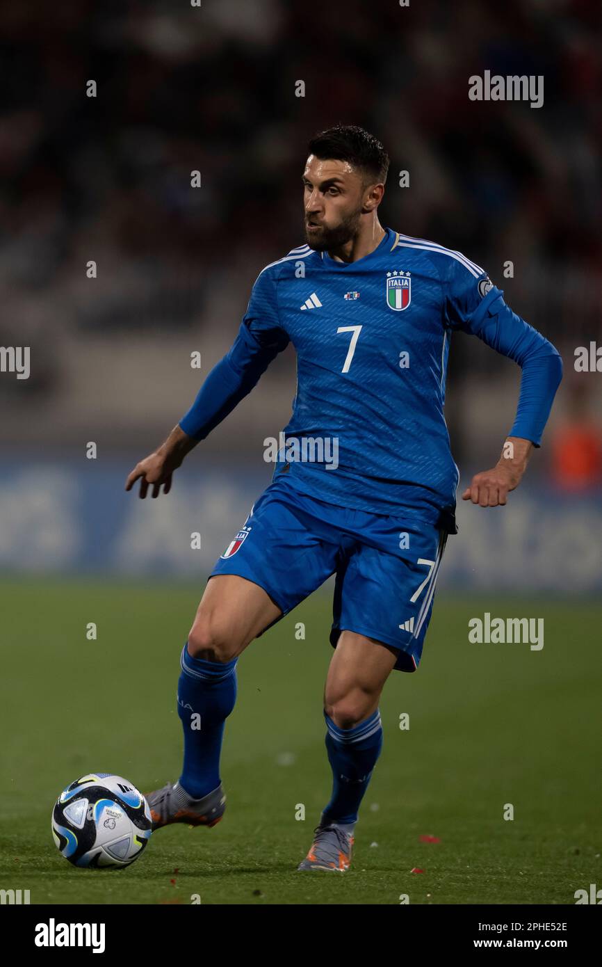 Vincenzo Grifo (Italia) Durante el partido de la UEFA 'Clasificatorios  Europeos Alemania 2024' entre Malta 0-2 Italia en el TaQuali Stadium el 26  de marzo de 2023 en Malta, Malta. (Foto de