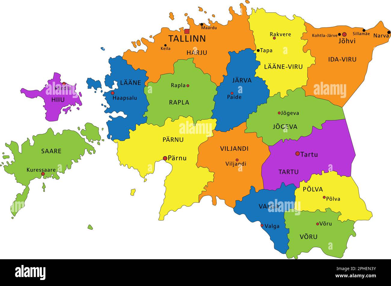 Colorido mapa político de Estonia con capas claramente etiquetadas y
