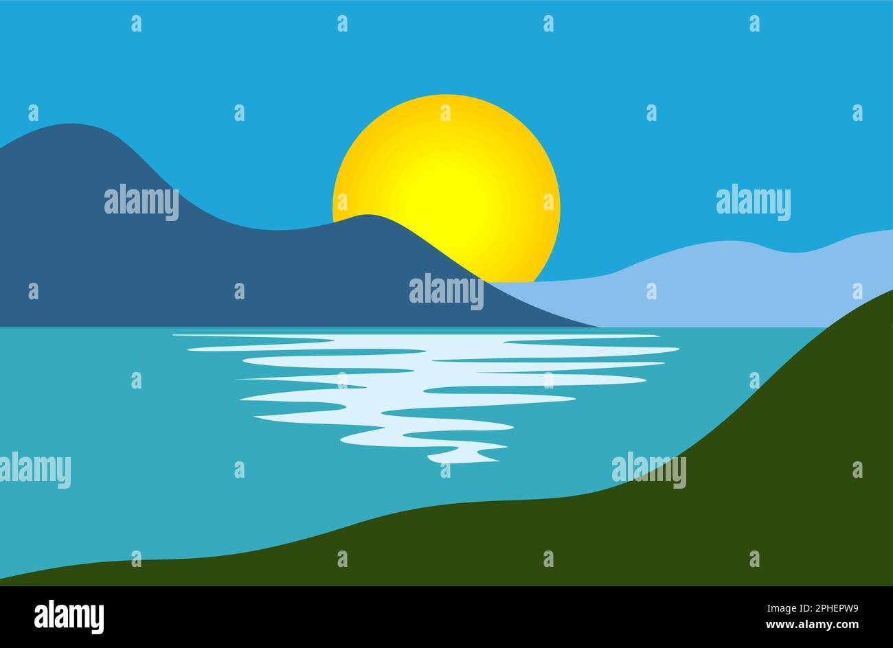 Rocas, mar, puesta de sol en el cielo azul. Vector de fondo en estilo de dibujos animados Ilustración del Vector