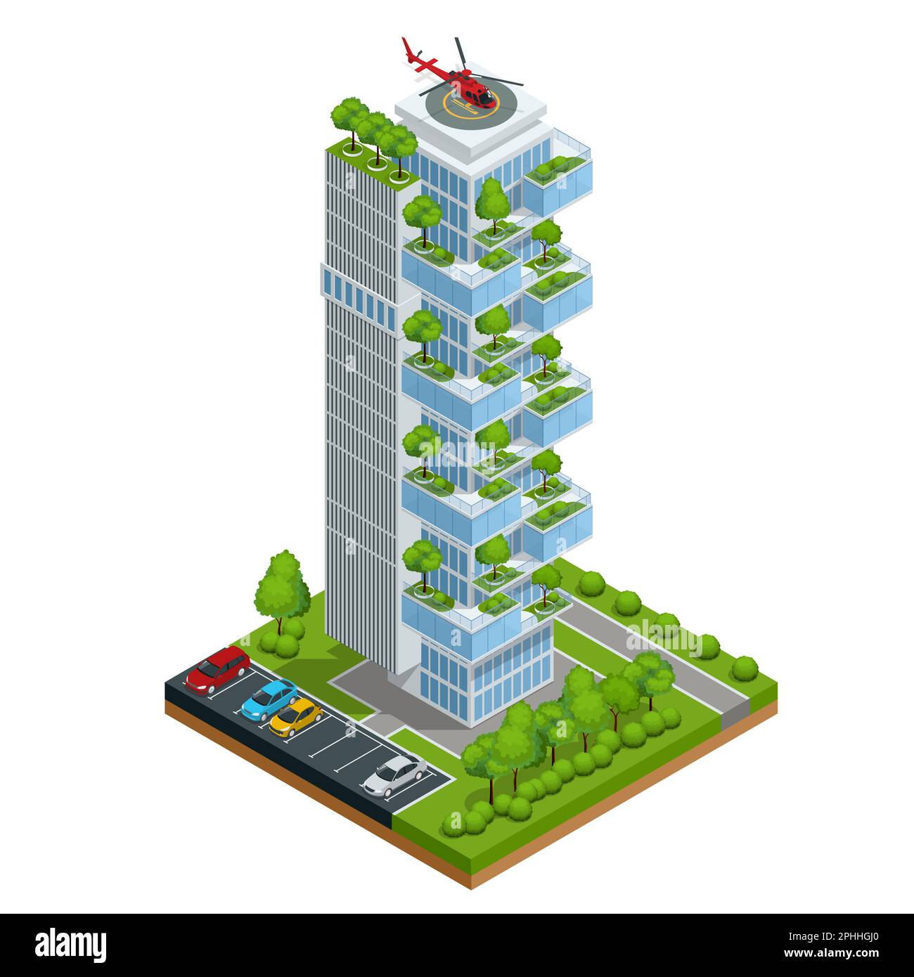 Vector isométrico moderno rascacielos ecológicos con muchos árboles en cada balcón. Ecología y vida verde en la ciudad, concepto de entorno urbano. Ilustración del Vector