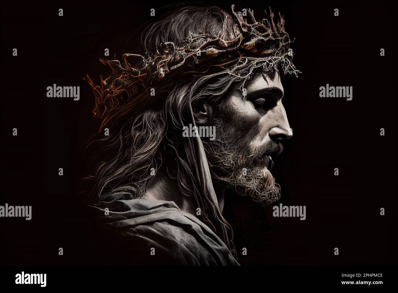 Jesucristo con la corona de espinas, de perfil sobre fondo negro