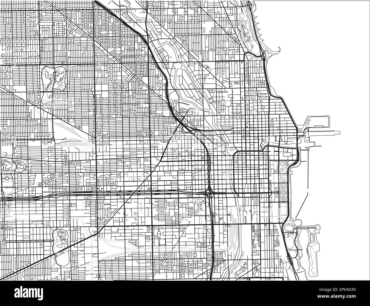 Mapa vectorial blanco y negro de la ciudad de Chicago con capas separadas bien organizadas