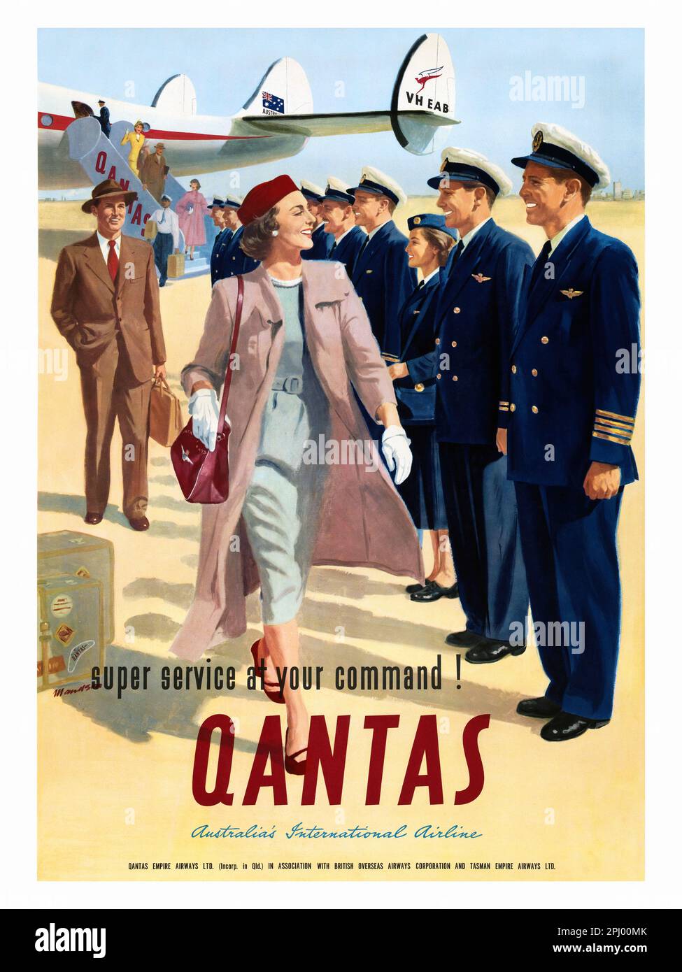 Super servicio a su orden. Qantas. Aerolínea internacional de Australia por John Maudson (1918-1996). Póster publicado en 1947 en Australia. Foto de stock