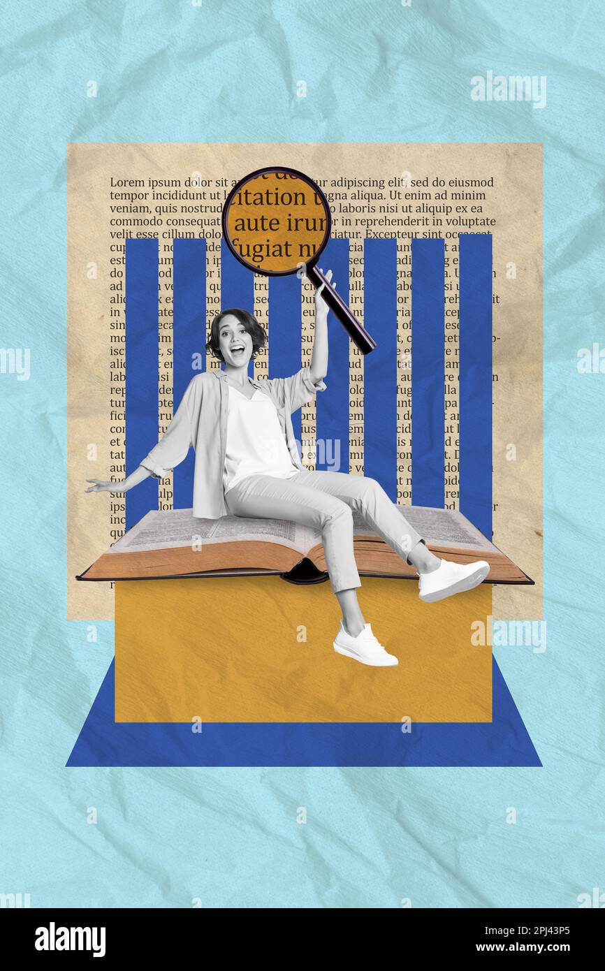 Collage de la revista del cartel de la joven aprendiz funky que se sienta  en el libro de texto usando la lupa que aprende materiales interesantes  Fotografía de stock - Alamy