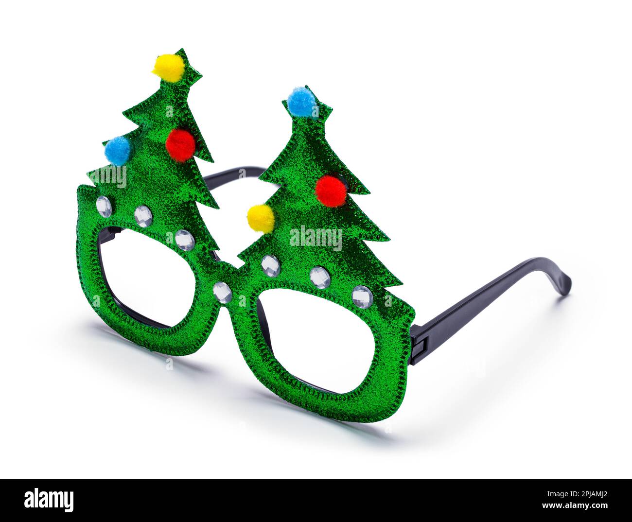 Verde Árbol de Navidad gafas de ojo cortado en blanco. Foto de stock