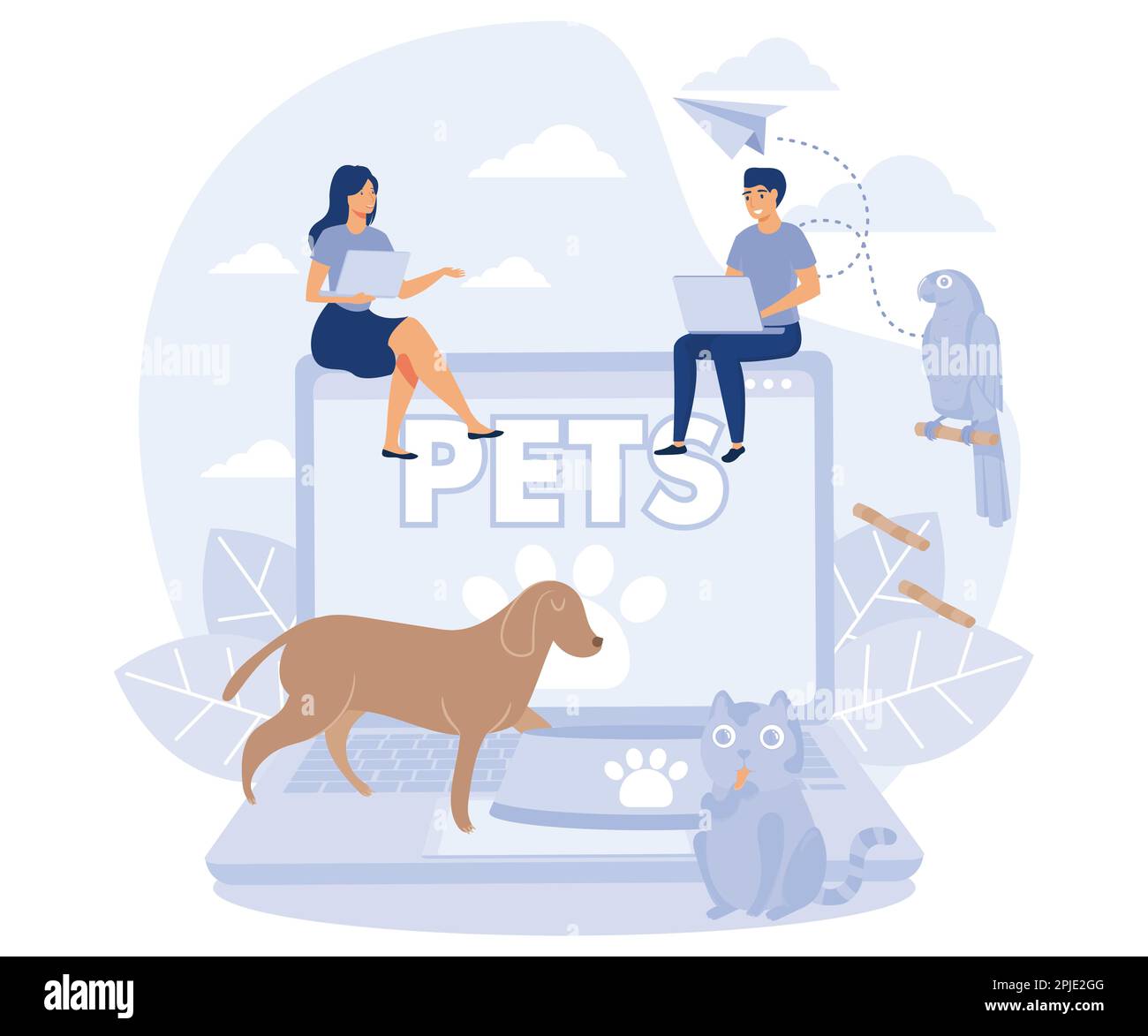 Cuidado de mascotas. Tienda de mascotas. Concepto de personas pequeñas y mascotas. vector plano ilustración moderna Ilustración del Vector