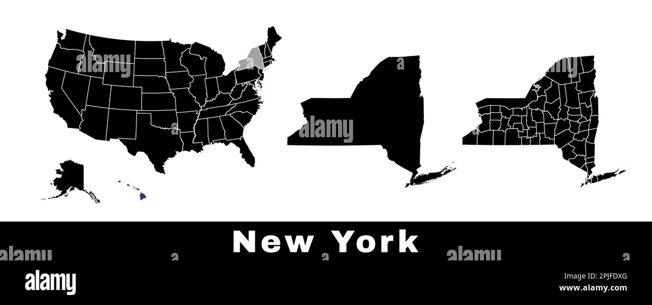 Mapa del estado de Nueva York, Estados Unidos. Conjunto de mapas de Nueva York con frontera de contorno, condados y mapa de estados de EE.UU.. Ilustración vectorial de color blanco y negro. Ilustración del Vector