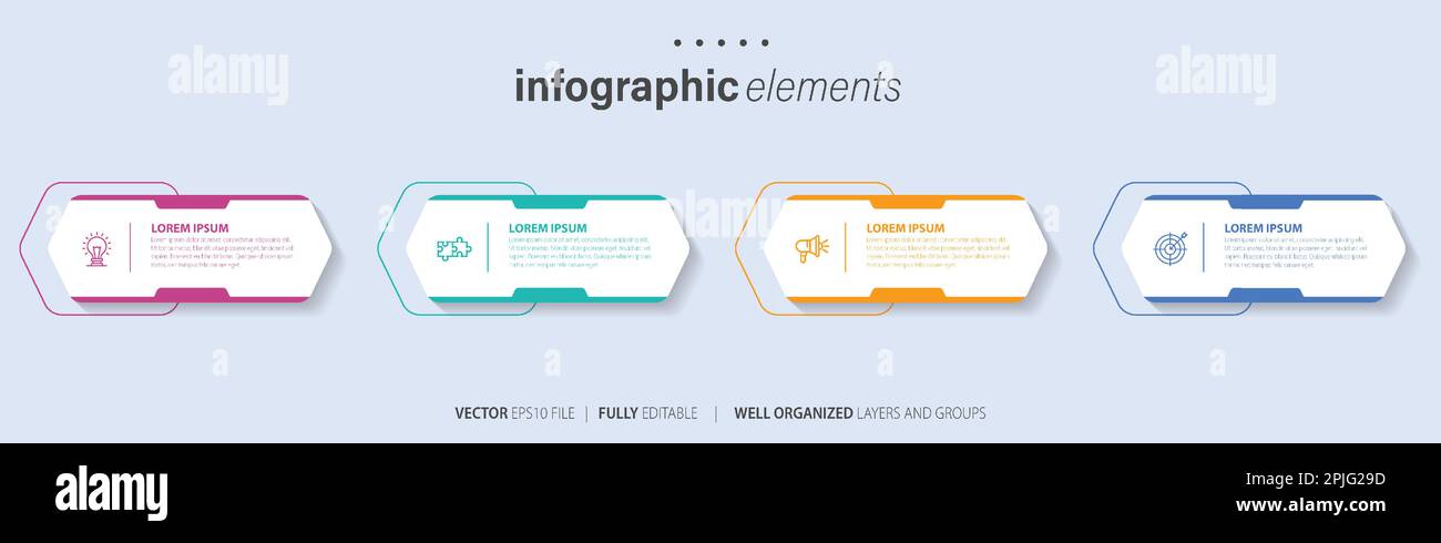 Vector Infografía plantilla de diseño de etiqueta con iconos y 4 opciones o pasos. Se puede utilizar para el diagrama de proceso, presentaciones, diseño de flujo de trabajo y banner Ilustración del Vector