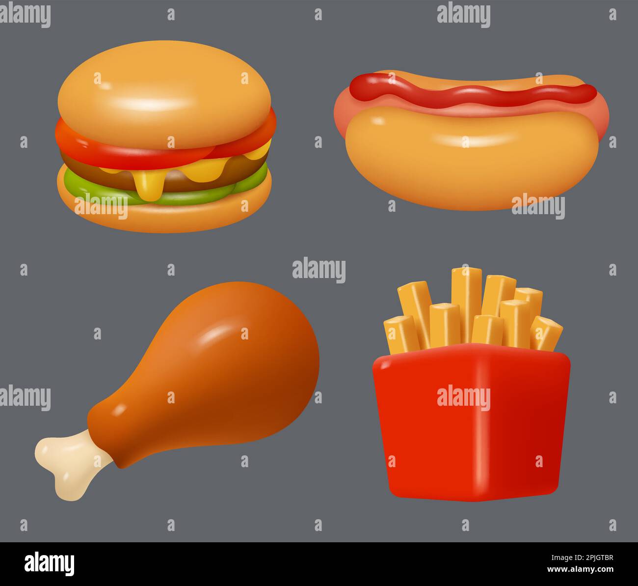 Iconos de comida rápida. Plastilina estilizada objetos fritas francesas  café comida hamburguesas vector decente de dibujos animados 3D icono de  representación Imagen Vector de stock - Alamy