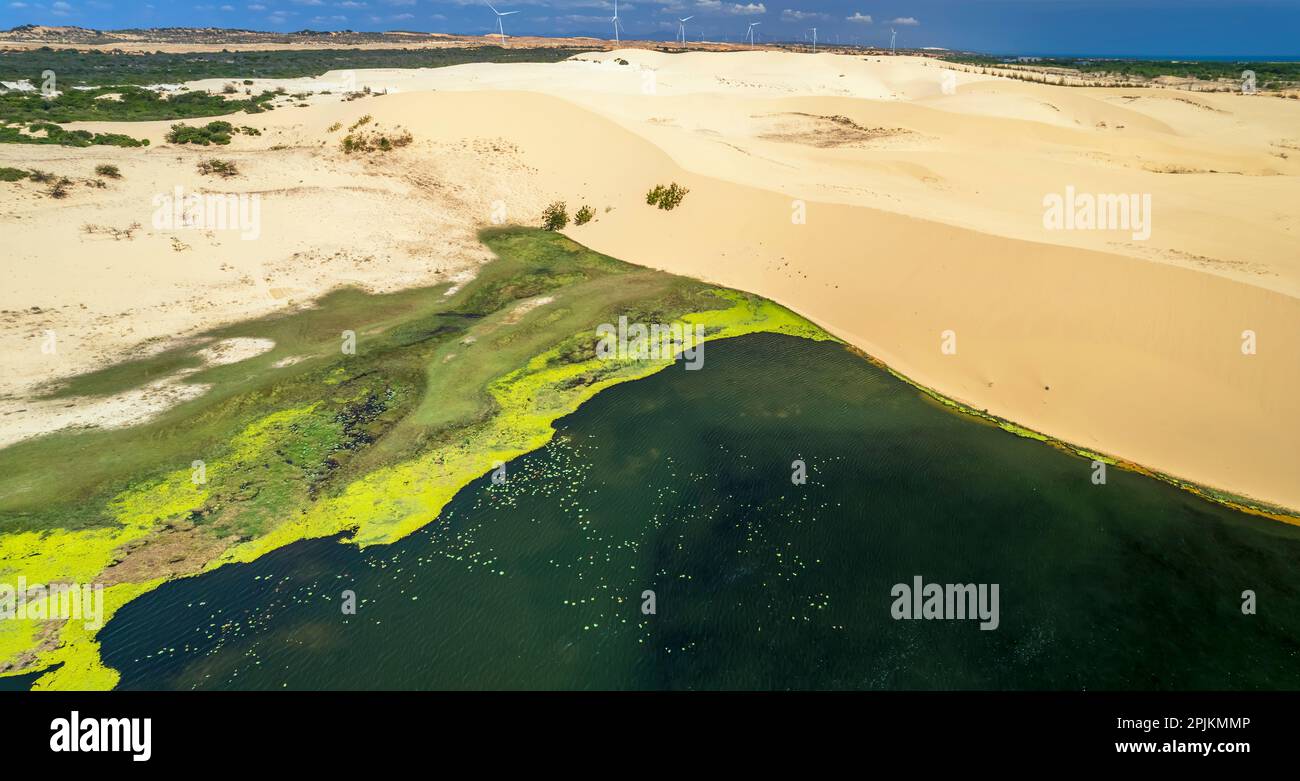 Marcado contraste geográfico entre la arena y el agua cerca de Mui Ne, Vietnam Mui Ne Desierto de Vietnam es un desierto en el sudeste asiático Foto de stock