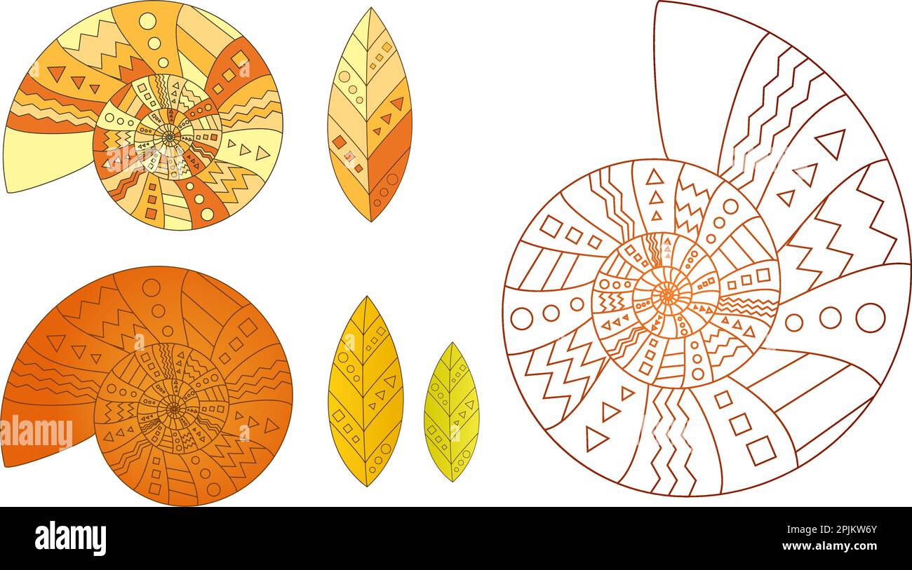 Conjunto de caracoles y hojas con triángulo, cuadrado y círculo patrones. Caída o colores de otoño - amarillo, naranja y rojo. Color y estilo de línea exam Ilustración del Vector