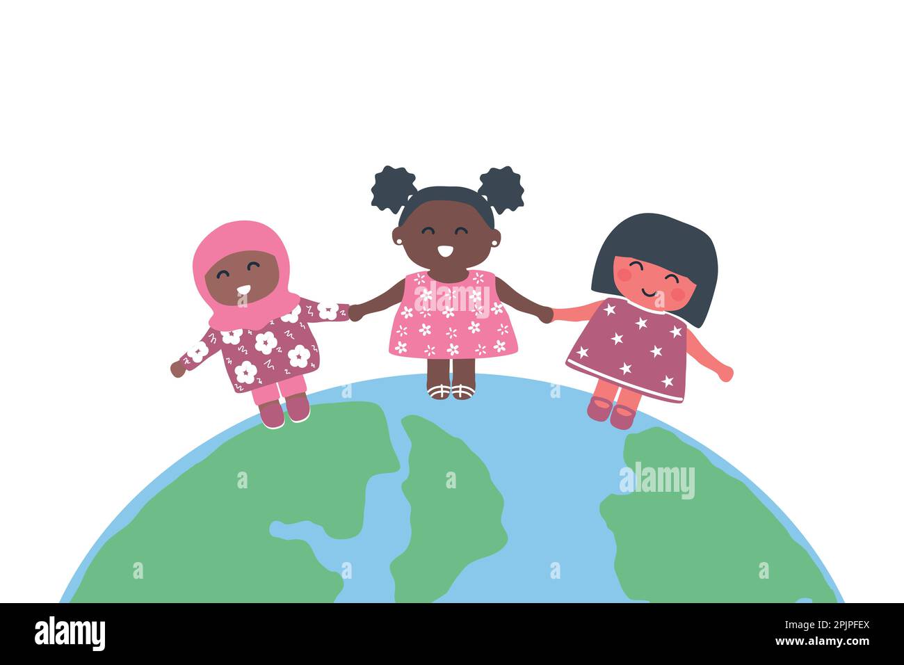 Grupo multicultural de niñas cogidas de la mano. Concepto del Día Internacional de la Mujer. Los niños están de pie en el mundo. Niñas bebés felices. Ilustración vectorial Ilustración del Vector