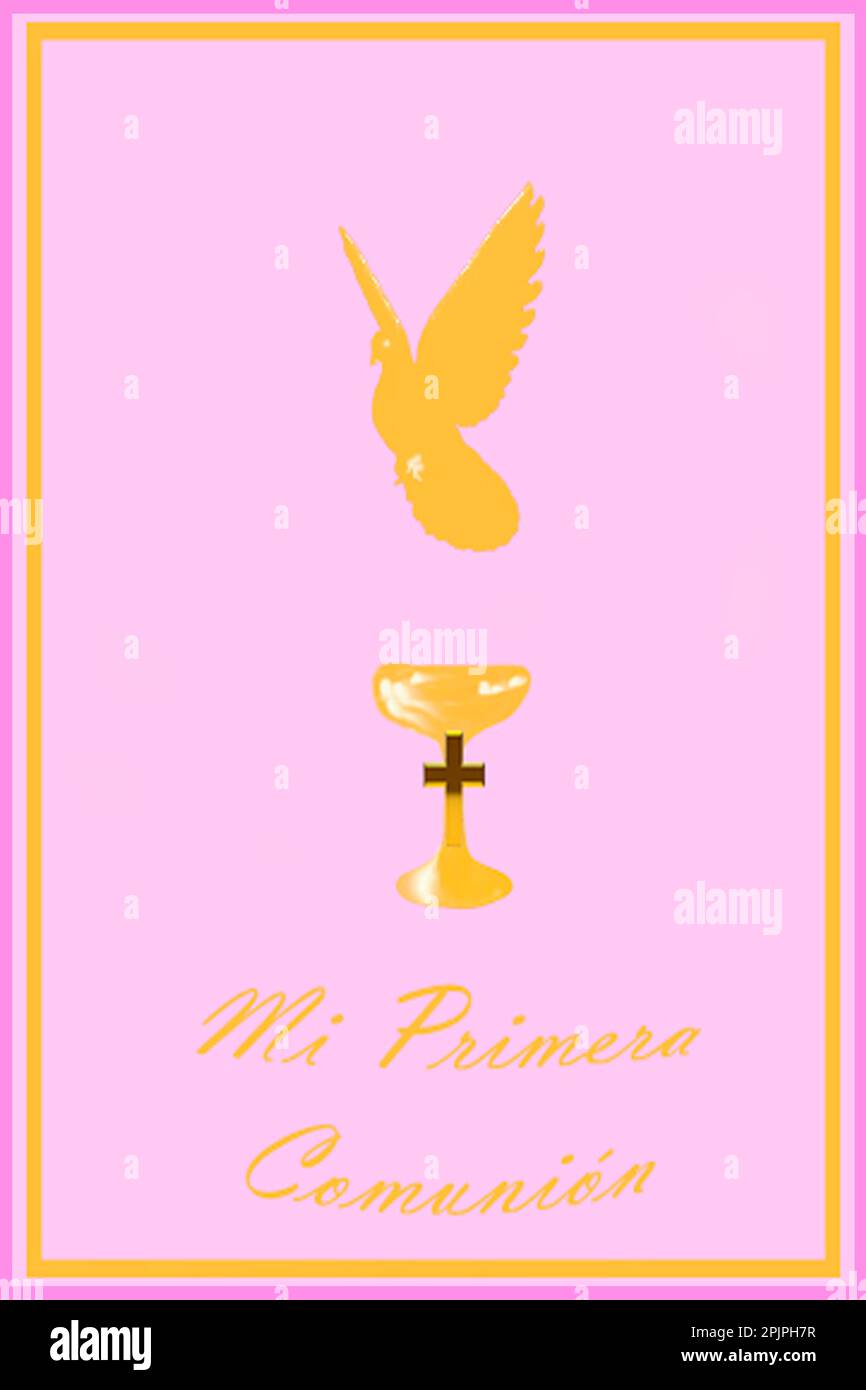 Mi primera comunión, chica, con paloma, cruz y cáliz sobre fondo rosa