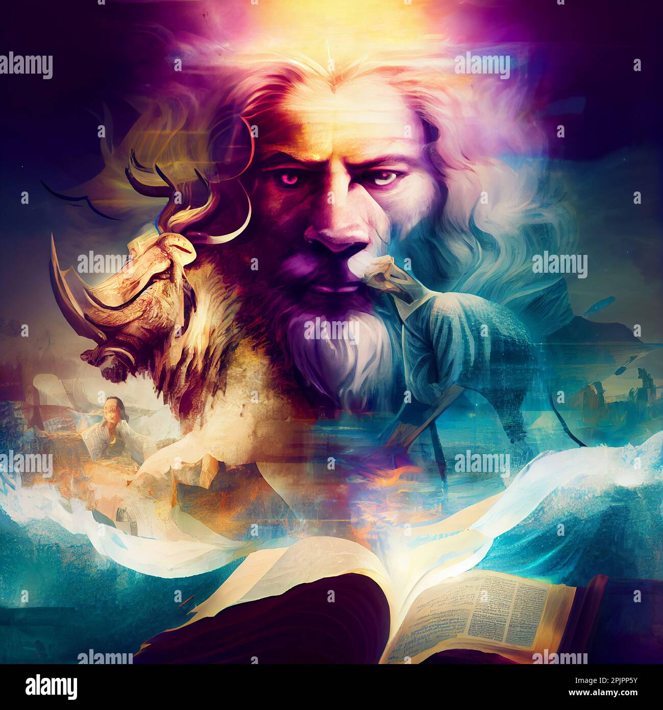 Dios en el cielo con la biblia y sombras de animales rodeados de luz