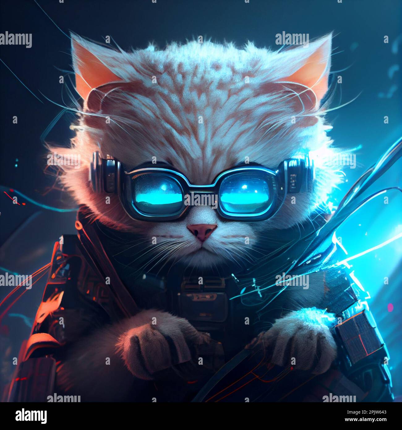 Hacker futurista moderno del gato en gafas del juego del vr para el juego de ordenador y la realidad virtual. Ilustración de los vidrios frescos del animal doméstico peludo VR An