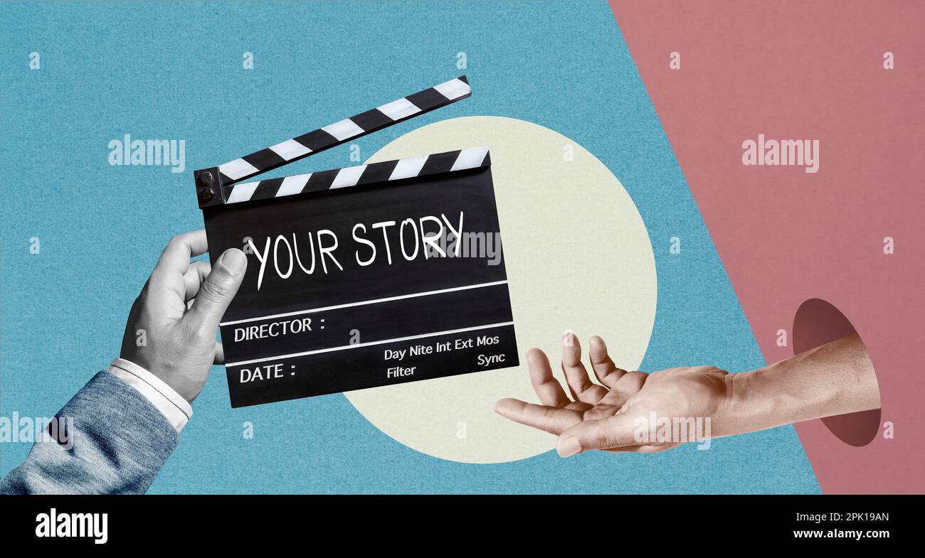 Su historia, escritura a mano en la pizarra de la película .Storytelling y compartir la visión. concepto en la industria cinematográfica Foto de stock