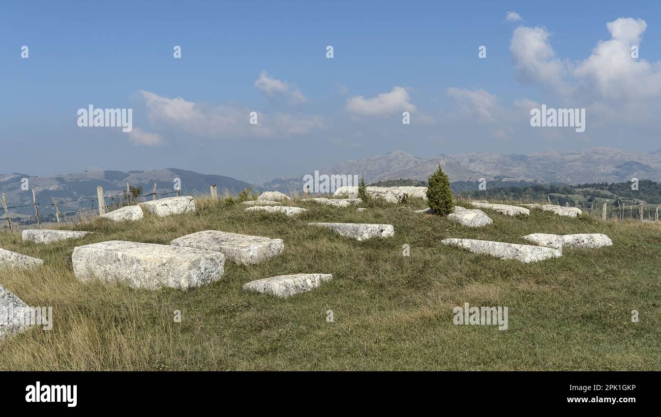 Jelašci, Kalinovik, Bosnia y Herzegovina – 2022 de septiembre: Cementerio medieval „Mirkova Kosa II“ con lápidas Stećak cerca de Kalinovik. Foto de stock