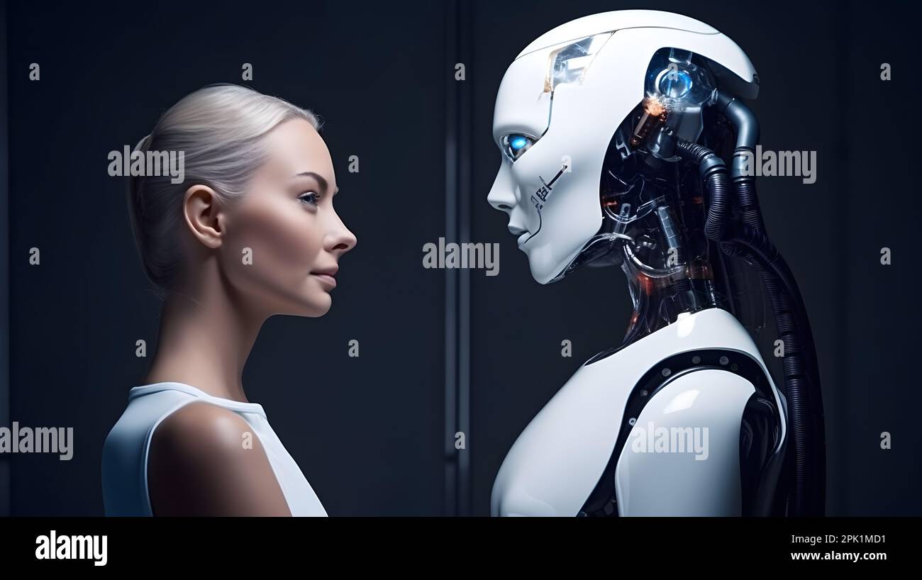 La mujer hermosa y el robot AI se miran el uno al otro. Concepto e idea de  amor humano y robot, afecto o relaciones Fotografía de stock - Alamy