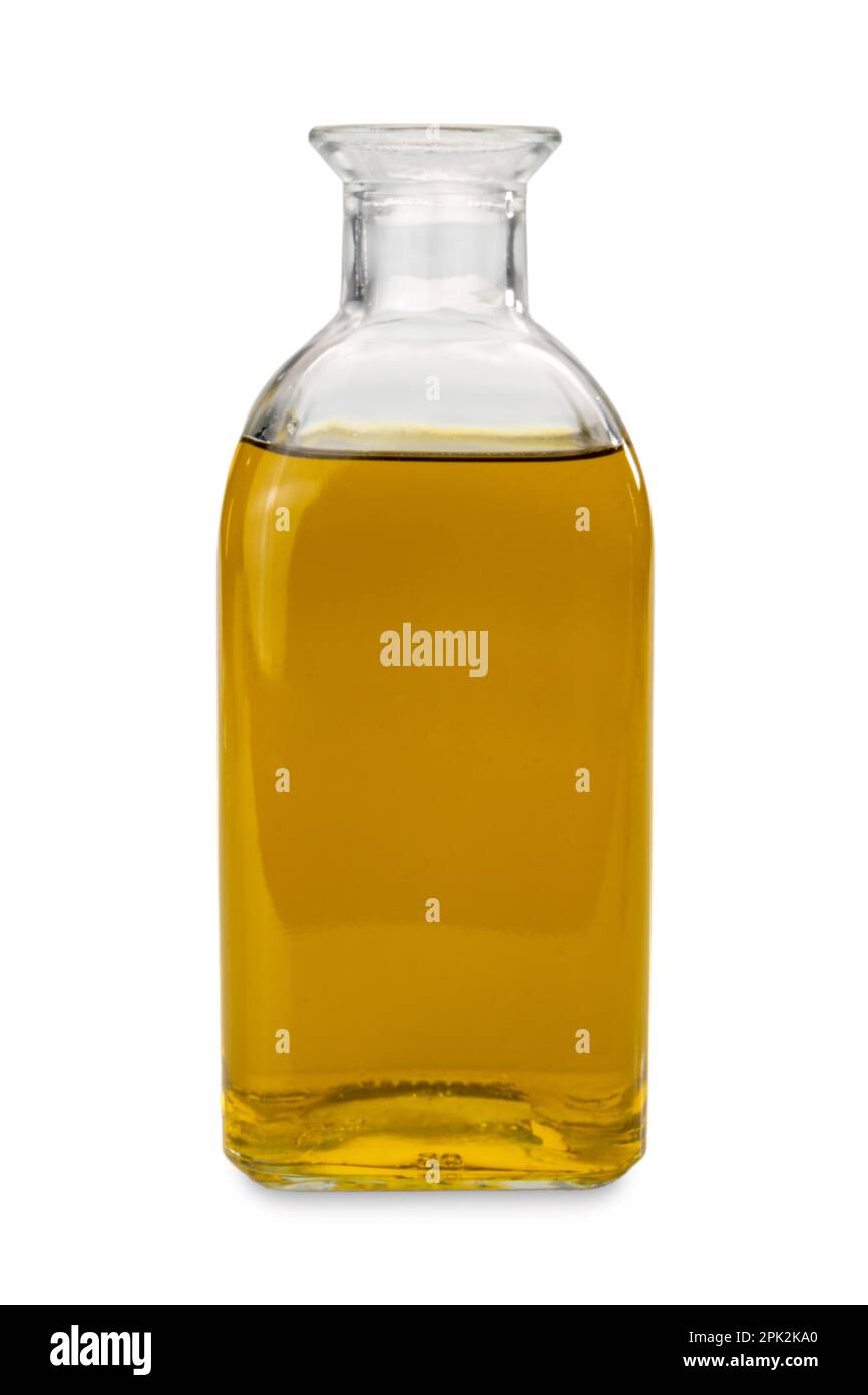 Aceite de oliva virgen extra en botella de vidrio aislado en blanco, ruta de recorte Foto de stock