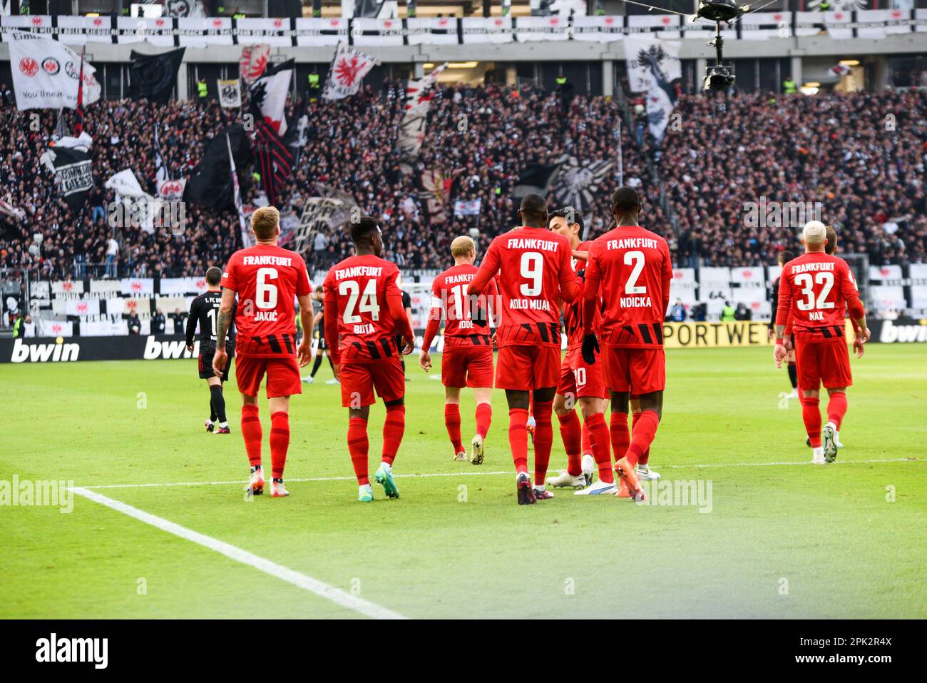 Deutschland ,Frankfurt am Main, Deutsche Bank Park - 4 abr 2023 - Fussball, DFB Pokal - Eintracht Frankfurt vs Union Berlin Imagen: Eintracht Frankfurt celebrando su gol número 3:0. Foto de stock