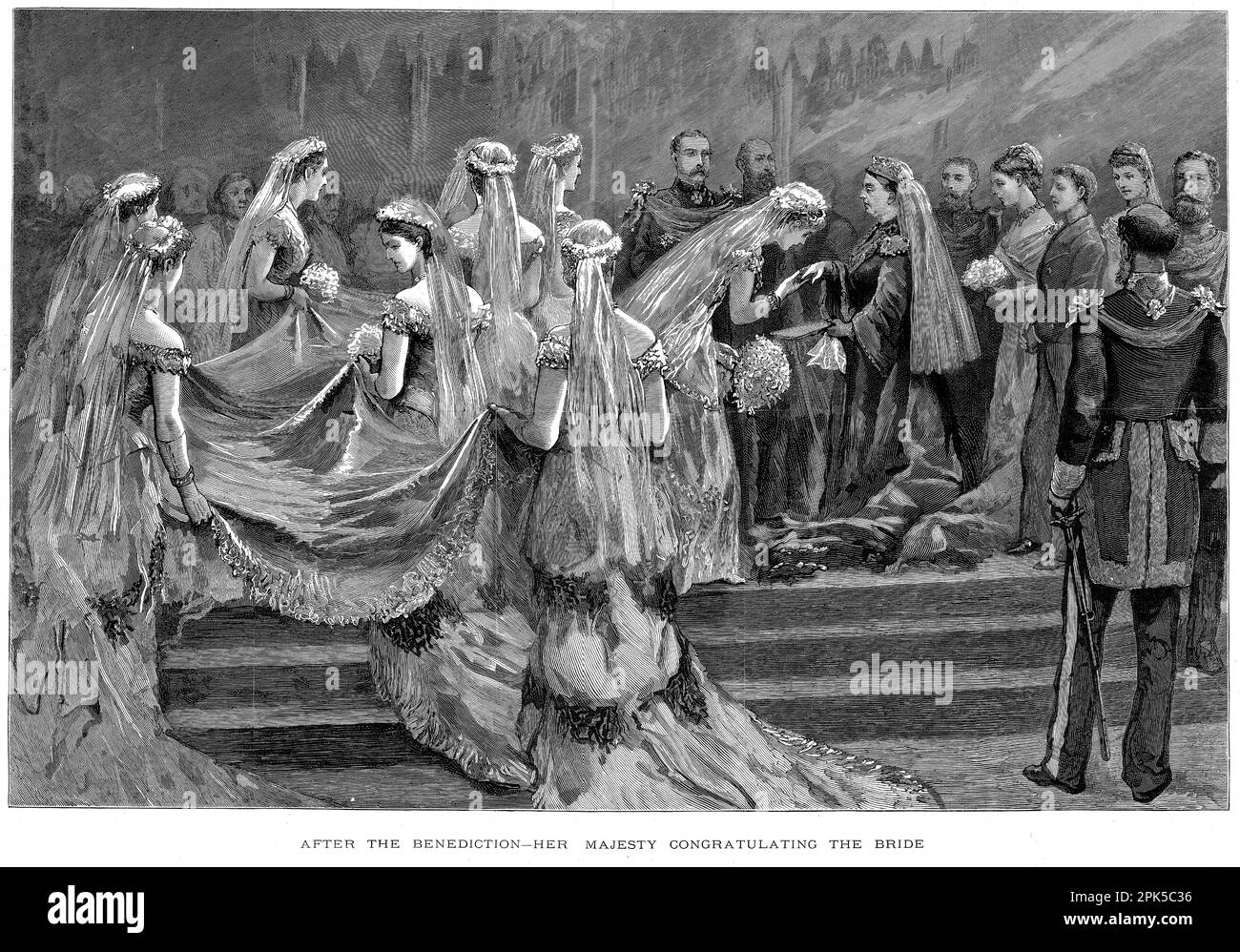 Grabado de la reina Victoria felicitando a la novia después de la ceremonia de boda para el príncipe Arturo, duque de Connaught (1850-1942), el séptimo de los nueve hijos de la reina Victoria y el príncipe Alberto y la princesa Luisa de Prusia en la Capilla de San Jorge, Windsor, 1879 Foto de stock