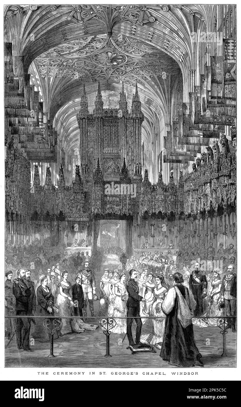 Grabado de la ceremonia de boda del príncipe Arturo, duque de Connaught (1850-1942), el séptimo de los nueve hijos de la reina Victoria y el príncipe Alberto y la princesa Luisa de Prusia en la Capilla de San Jorge, Windsor, 1879 Foto de stock