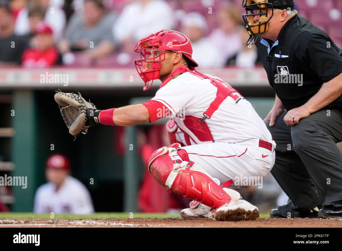 Cincinnati Reds catcher Luke Maile plays against the Chicago Cubs in a