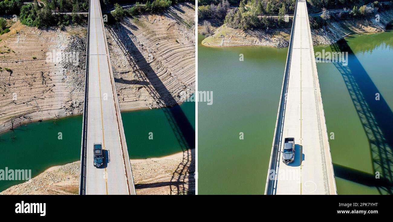 A car crosses Enterprise Bridge over Lake Oroville's dry banks on May