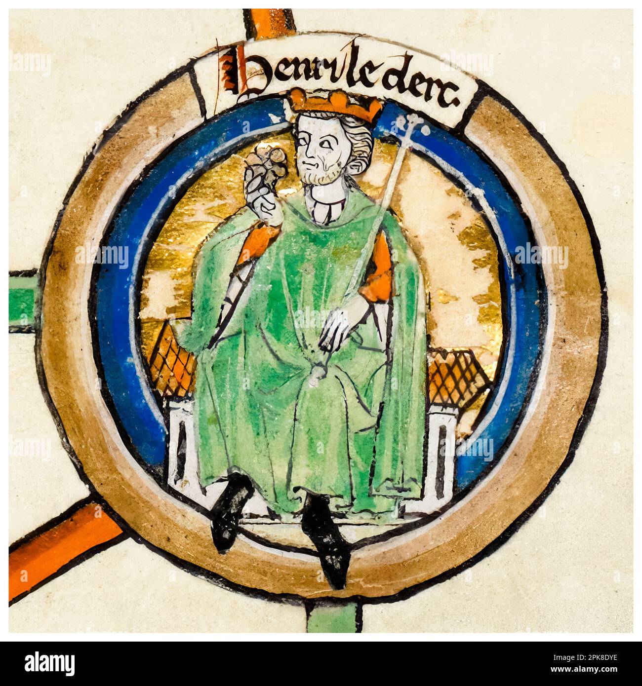 Enrique I de Inglaterra (circa 1068-1135), también conocido como Enrique Beauclerc, rey de Inglaterra (1100-1135), pintura manuscrita iluminada, antes de 1399 Foto de stock