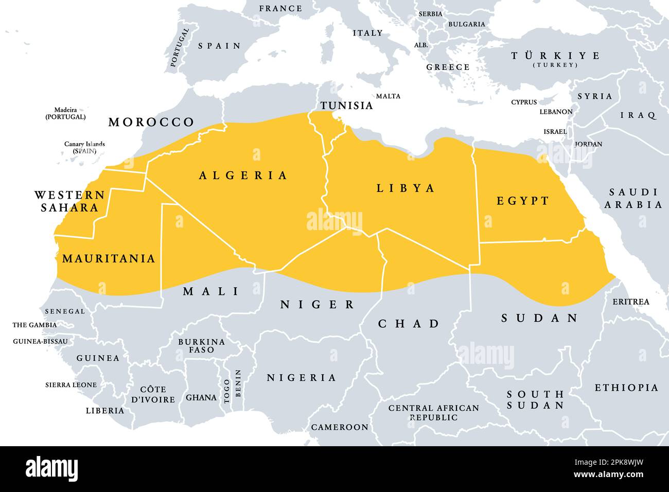 El Sahara, desierto en el continente africano, mapa político. El desierto caliente más grande del mundo, que constituye la mayor parte del norte de África. Foto de stock
