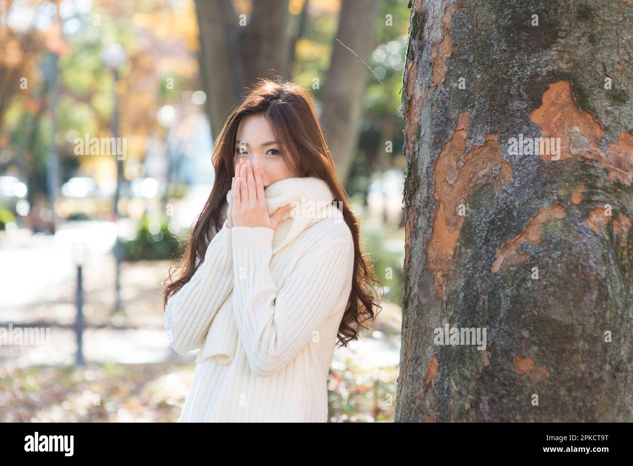 Una mujer de 20s años que se enfría en un árbol en un parque a finales de otoño Foto de stock