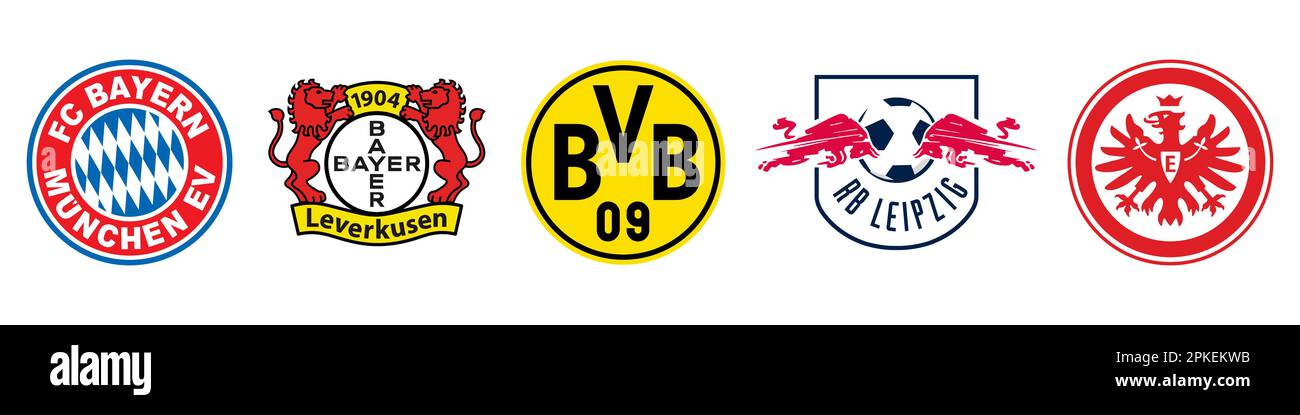 Vinnitsa, Ucrania - 5 de diciembre de 2022: Fútbol. Bundesliga equipos de fútbol logo conjunto de iconos. Vector ilustración editorial Ilustración del Vector