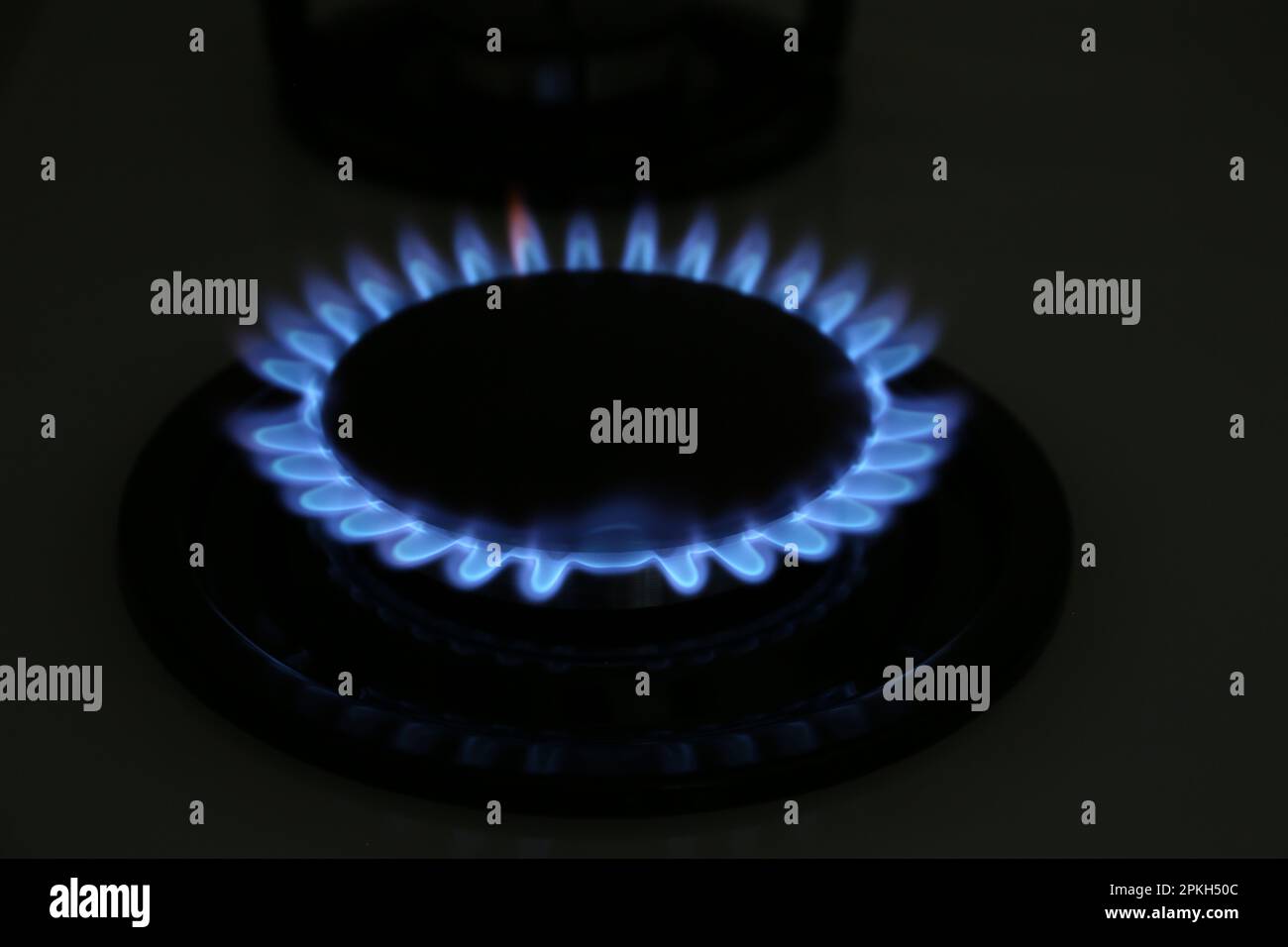 Quemador de gas de la estufa moderna con la llama azul ardiente en la  noche, primer plano Fotografía de stock - Alamy