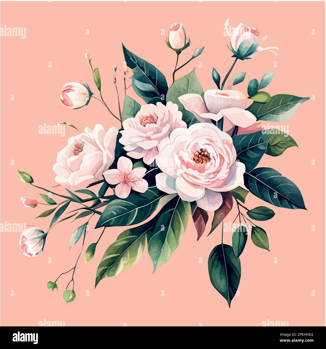 floral de acuarela blush rosa rosas flor hoja verde hojas ramas colección ramos. Papelería de boda, saludos, fondos de pantalla de moda de fondo. Ilustración vectorial sobre fondo de color