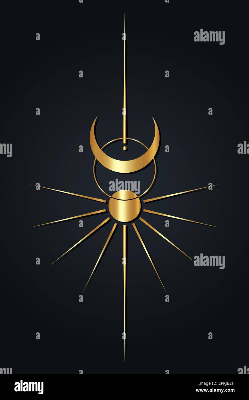 Sol y luna vintage lujo clipart. Logotipo dorado Wicca. Mística