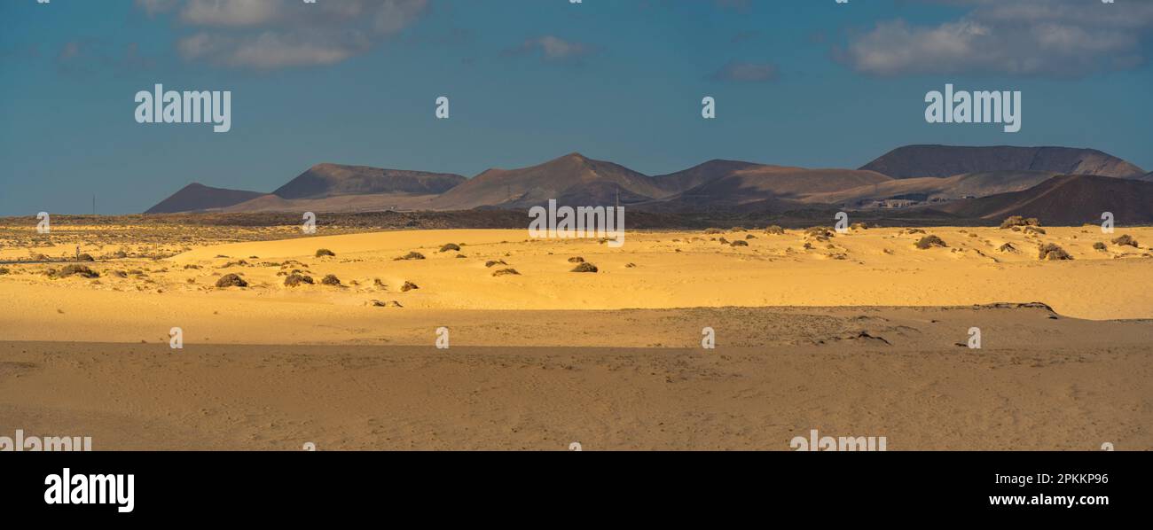 Vista de la playa y las montañas en un día soleado, Parque Natural Corralejo, Fuerteventura, Islas Canarias, España, Atlántico, Europa Foto de stock