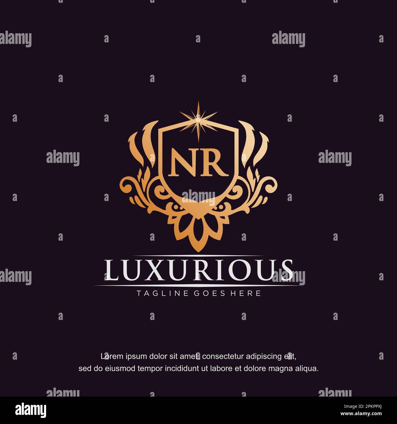 NR inicial carta de lujo ornamento oro monograma logo vector plantilla. Ilustración del Vector