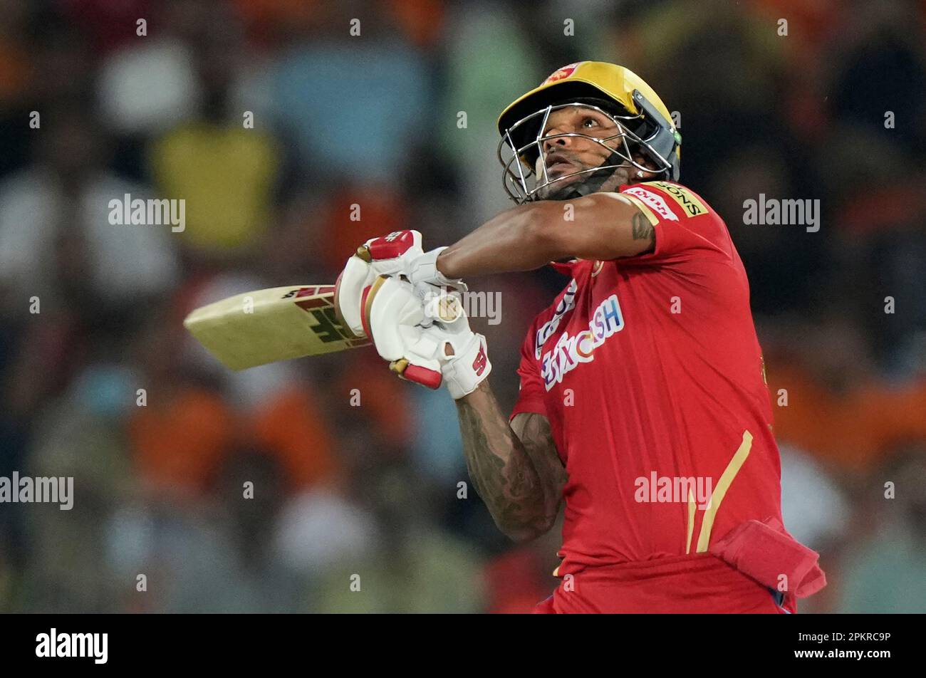 Punjab Kings' captain Shikhar Dhawan lifts for six during the Indian