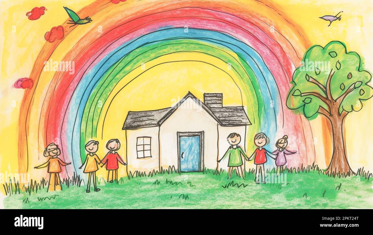 Una pintura infantil de una familia con una casa y una obra de arte  arcoíris.Infancia. IA generativa Fotografía de stock - Alamy