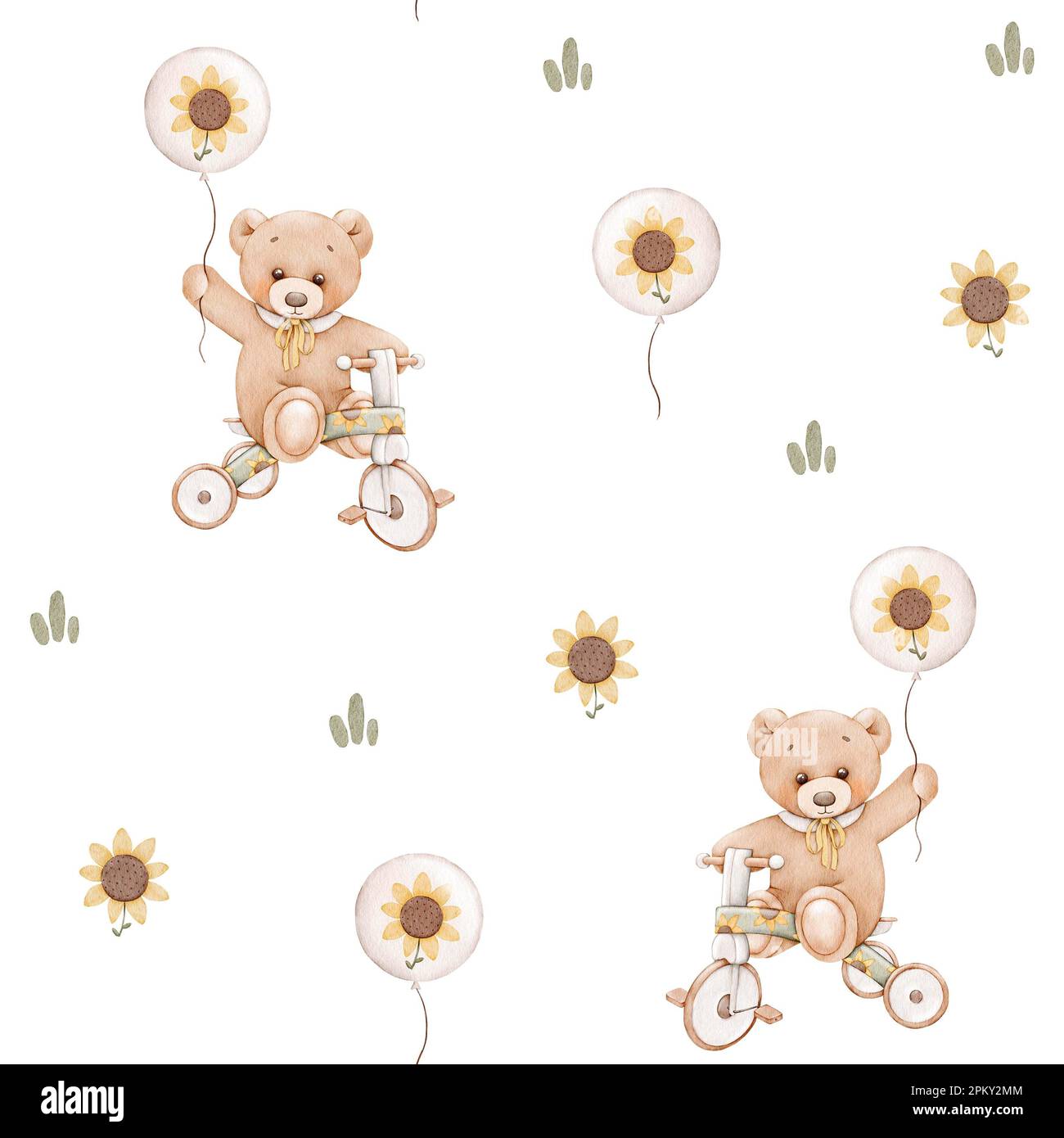 Patrón minimalista de la acuarela de los niños inconsútil con un oso de peluche lindo en la bicicleta. Para tela, textil, envoltura Foto de stock