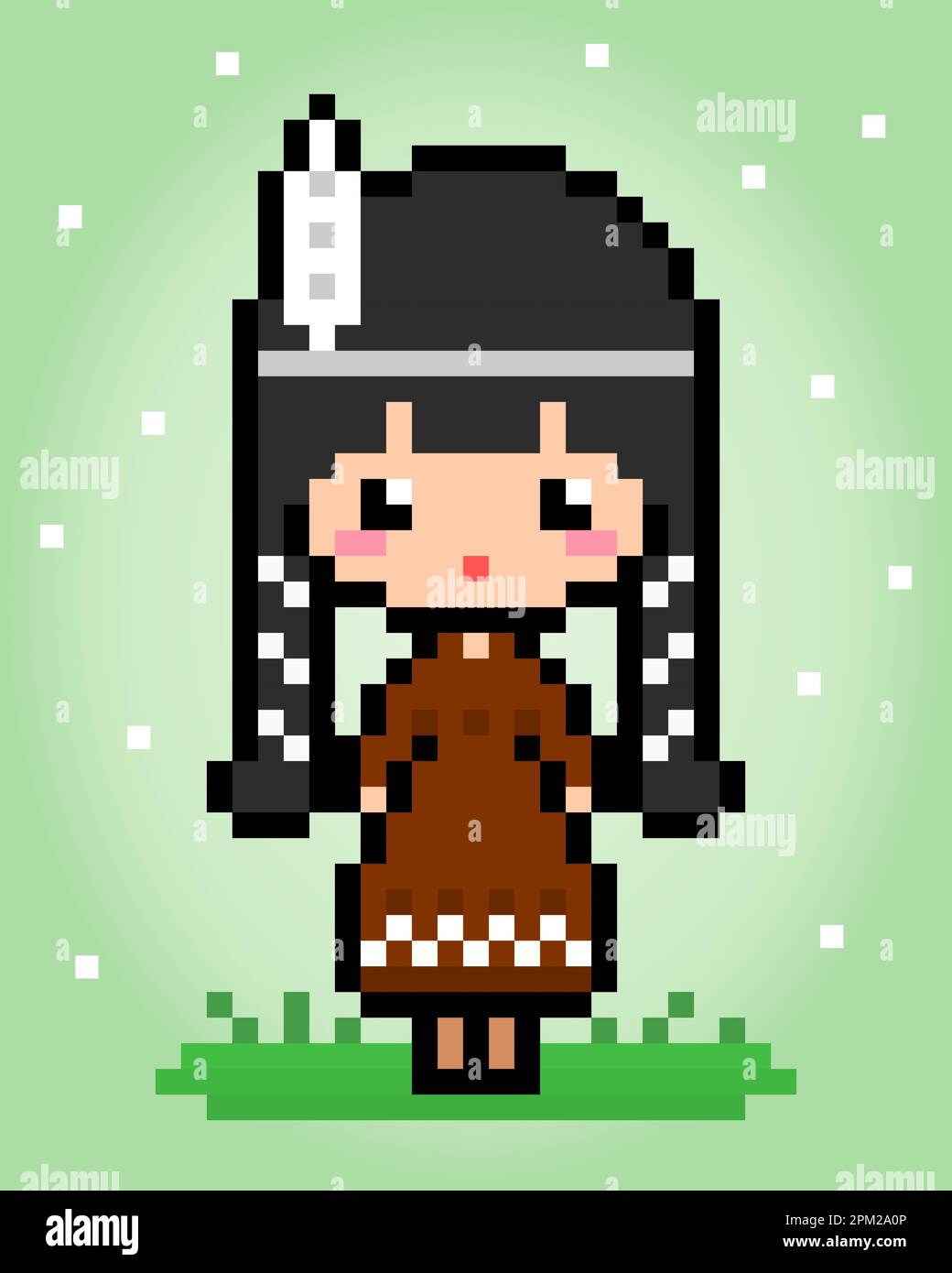 8 bit pixel de linda chica apache nativa americana. Ilustración vectorial de un punto de cruz e icono de juego. Ilustración del Vector