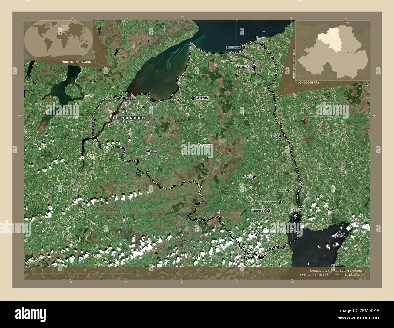 Londonderry, región de Irlanda del Norte. Mapa satelital de alta