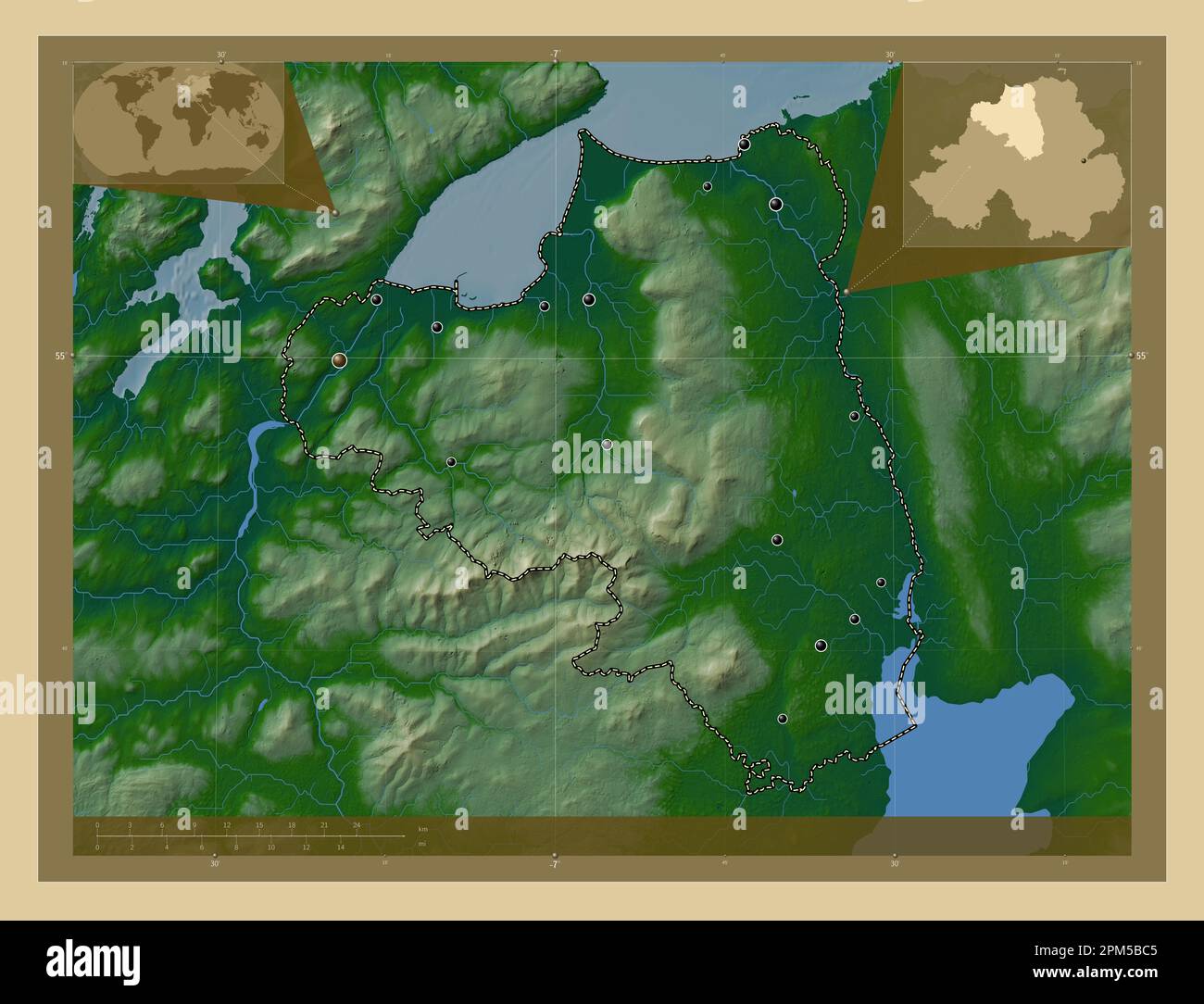 Londonderry, región de Irlanda del Norte. Mapa de elevación en color