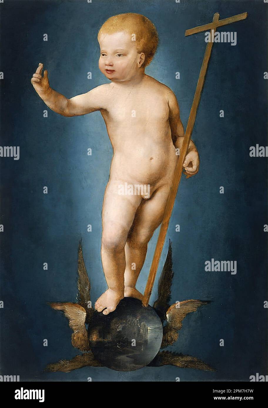 El Niño Jesús en el Orbe del Mundo - Pintura de Joos van Cleve (1485-1540), óleo sobre madera, ca. 1530, 37x26 cm (El Niño Jesús en el Mundo Foto de stock