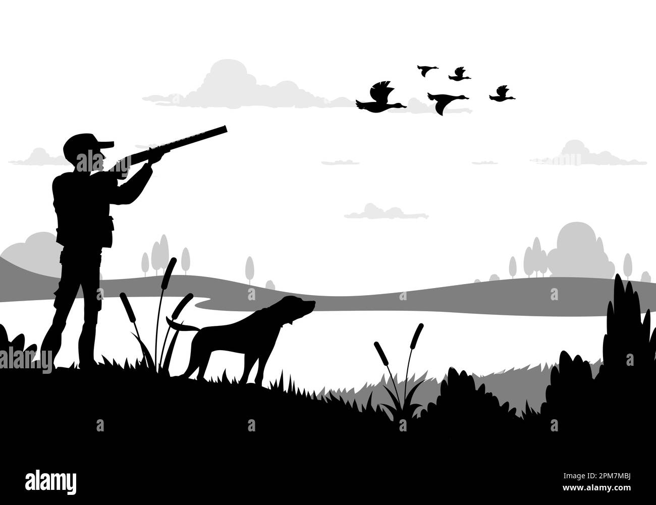 Silueta de caza, cazador con escopeta, perro, bandada de pato y paisaje de estanque, vector de fondo. Cartel de caza de temporada abierta con silueta de cazador con Ilustración del Vector