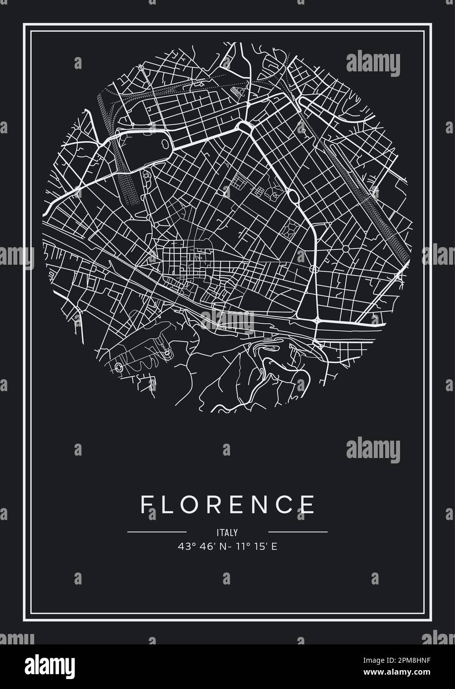 Mapa imprimible en blanco y negro de la ciudad de Florencia, diseño de póster, ilustración vectorial. Ilustración del Vector