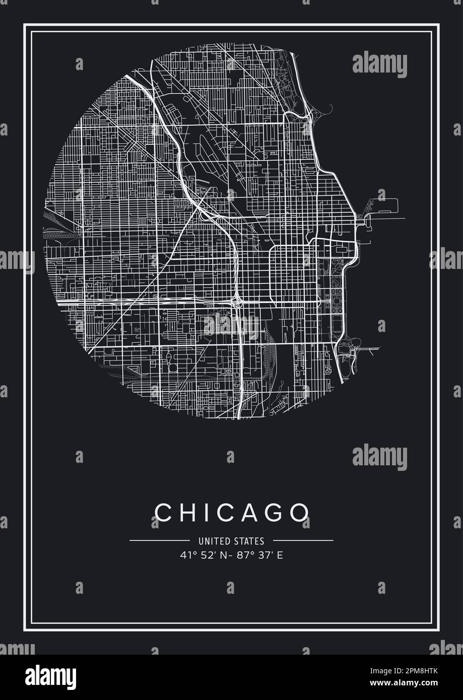 Mapa imprimible en blanco y negro de la ciudad de Chicago, diseño de póster, ilustración