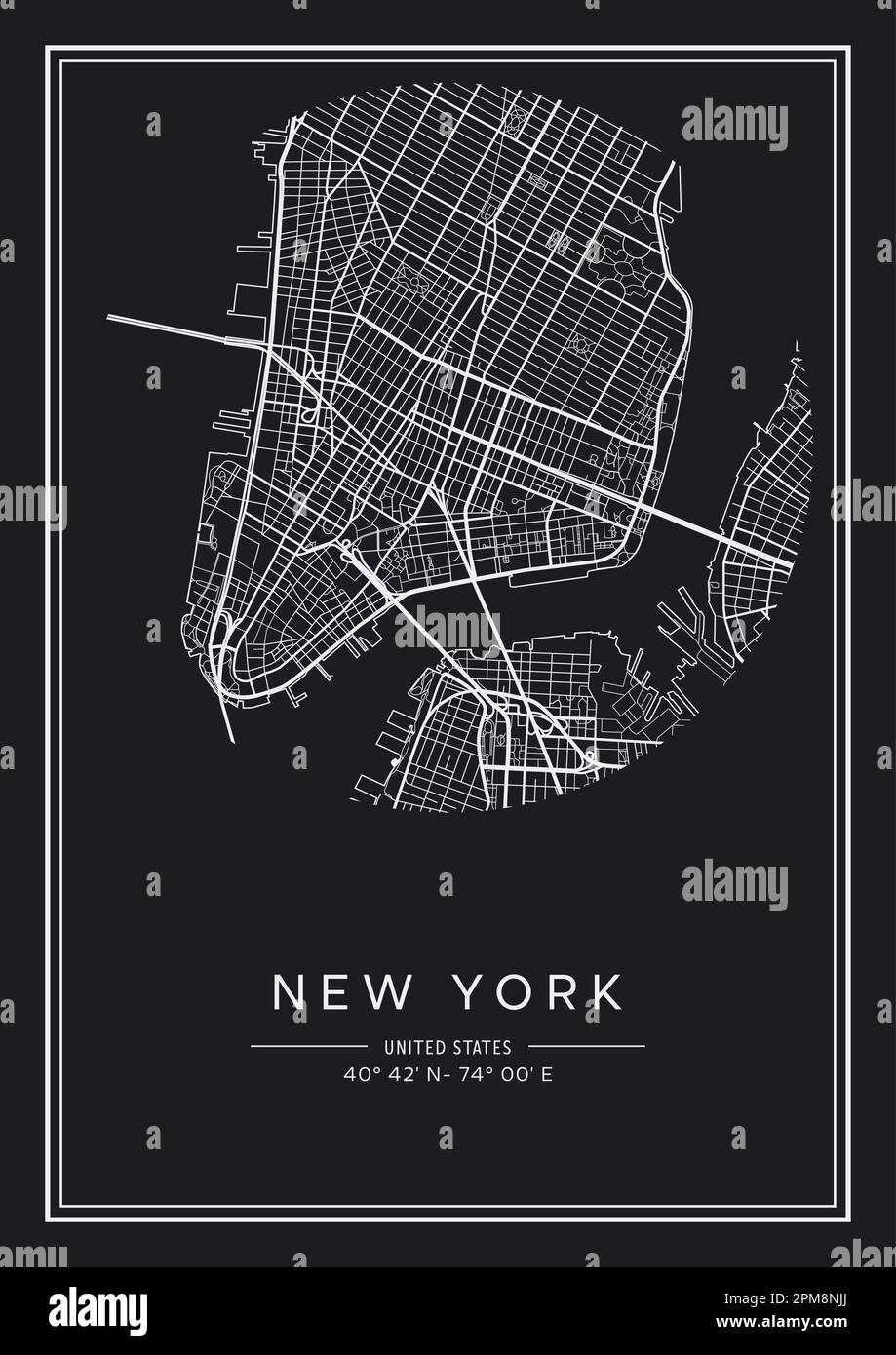 Mapa imprimible en blanco y negro de la ciudad de Nueva York, diseño de póster, ilustración vectorial. Ilustración del Vector