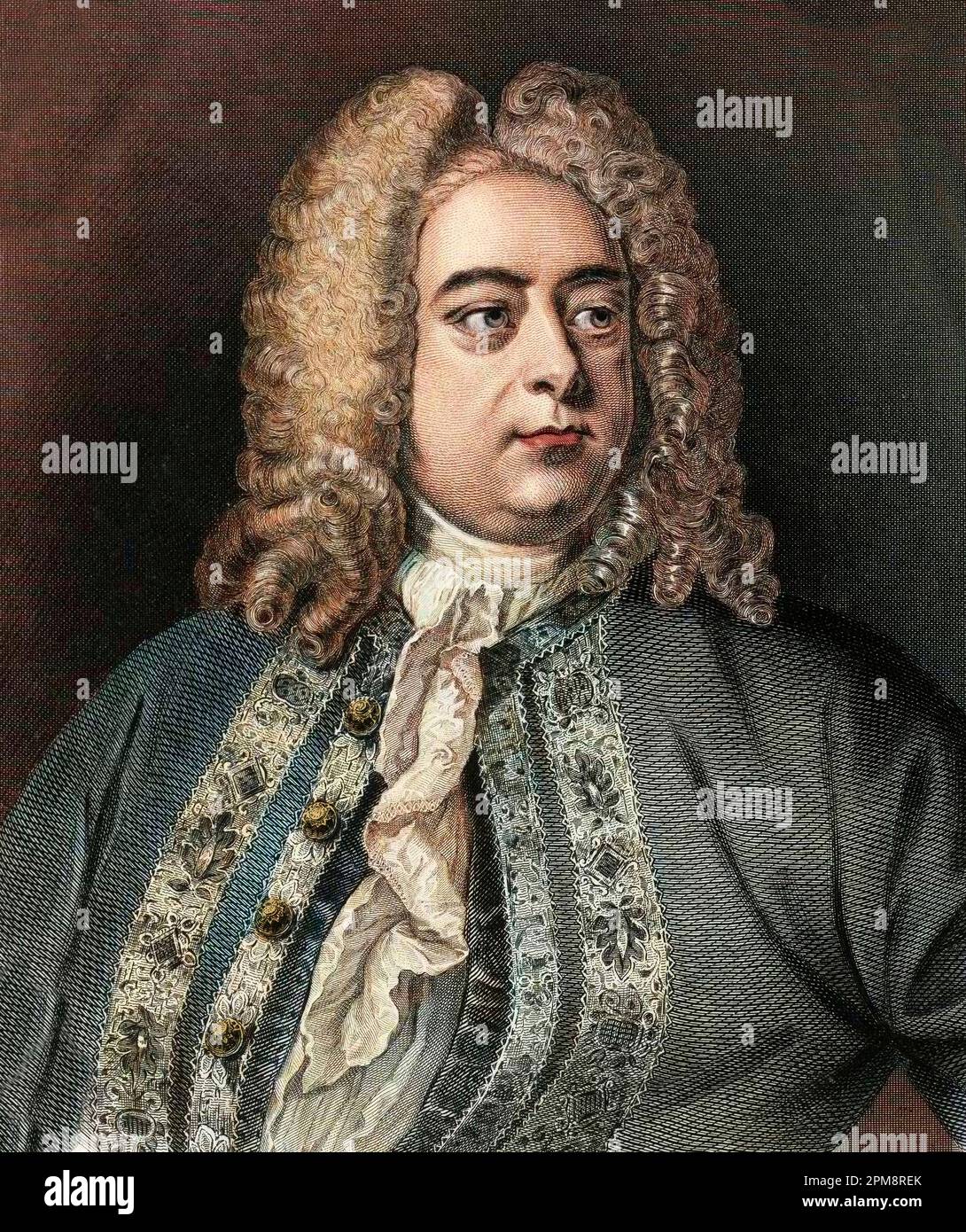 George Frederick Handel (Georg Friedrich Haendel, 1685-1759), Grabado en color del sitio 19eme. Foto de stock